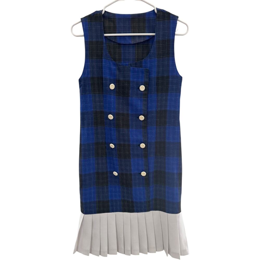 Vintage OOAK plaid double breasted pleated blue white dress small